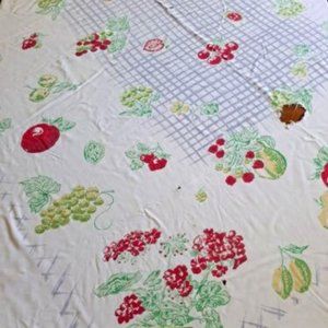 Vintage Rayon Tablecloth RED & YELLOW FRUIT and Flowers Print on white #146